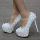 Women Round Toe Lace Embroidery Rhinestone Bridal Stiletto Heel Platform Pumps Wedding Shoes