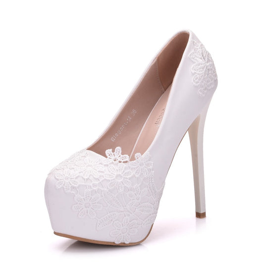 Women Almond Toe Platform Pumps Lace Bridal Stiletto Heel Wedding Shoes