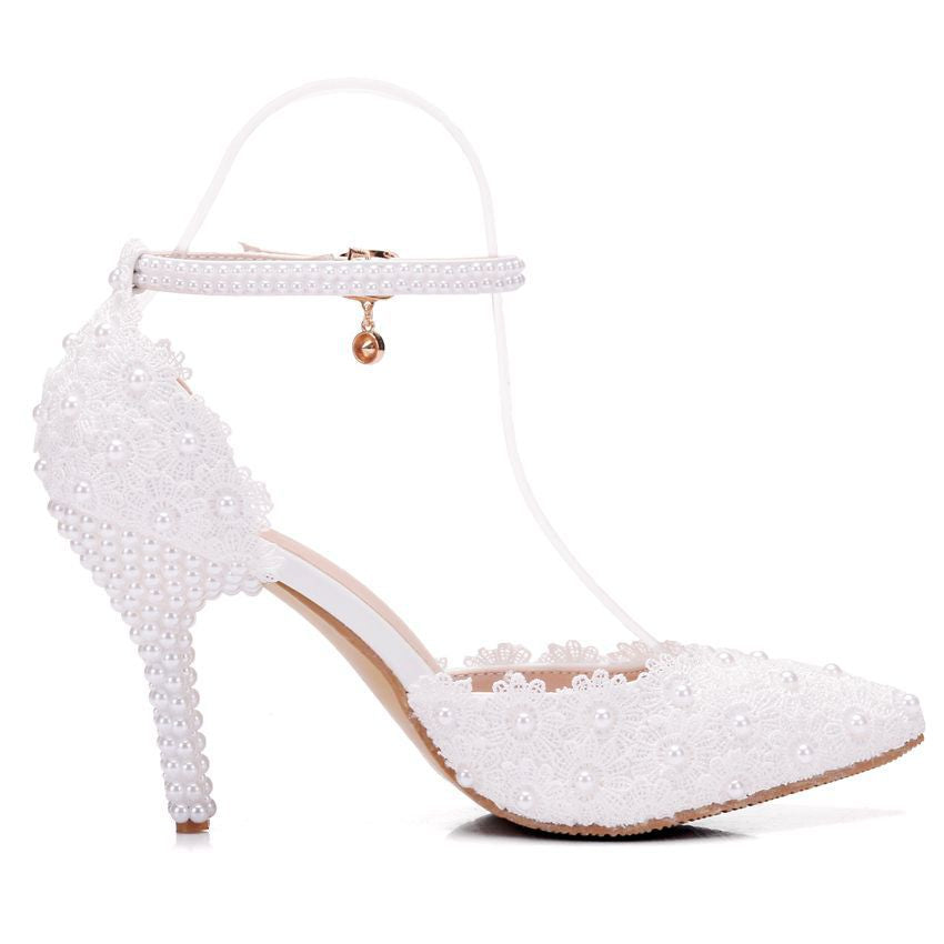 Women Pearls Lace Ankle Strap Stiletto Heel Pointed Toe Bridal Sandals Wedding Shoes