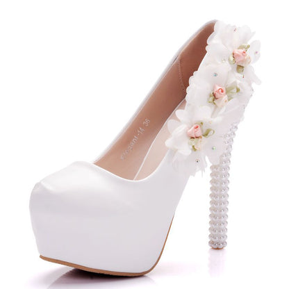 Women Almond Toe Pearls Flora Stiletto Heel Platform Pumps Bridal Wedding Shoes