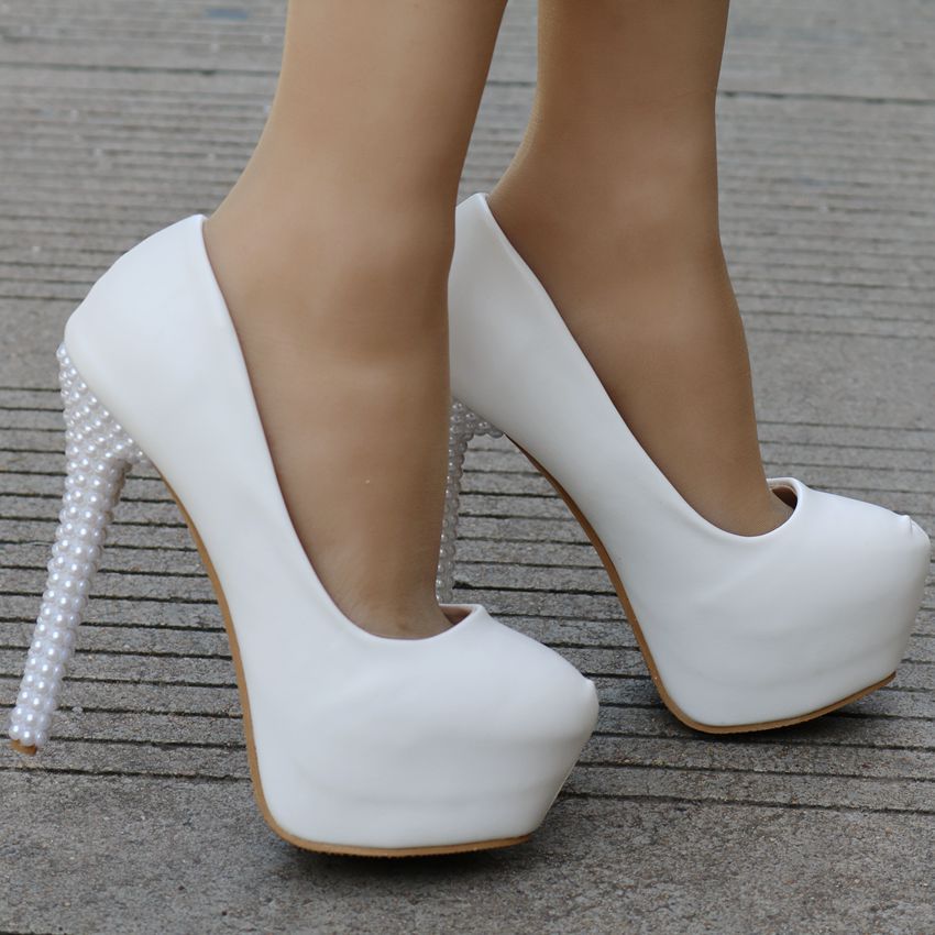 Women Round Toe Pearls Stiletto Heel Platform Pumps Bridal Wedding Shoes