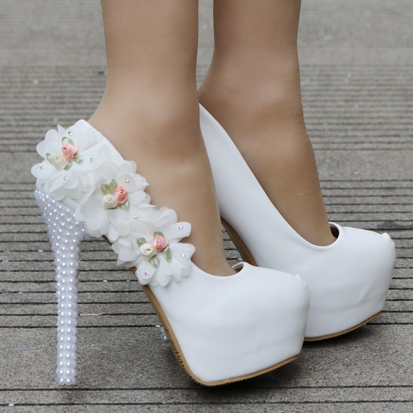 Women Almond Toe Pearls Flora Stiletto Heel Platform Pumps Bridal Wedding Shoes