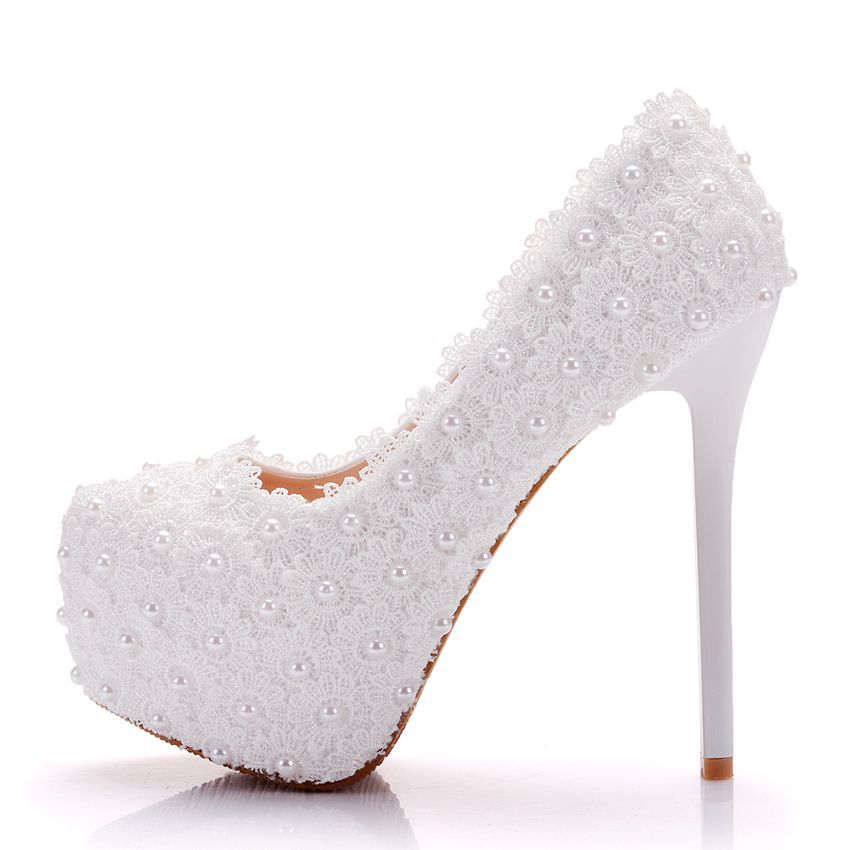 Women Round Toe Pearls Lace Stiletto Heel Platform Pumps Bridal Wedding Shoes
