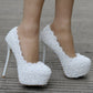 Women Round Toe Pearls Lace Stiletto Heel Platform Pumps Bridal Wedding Shoes