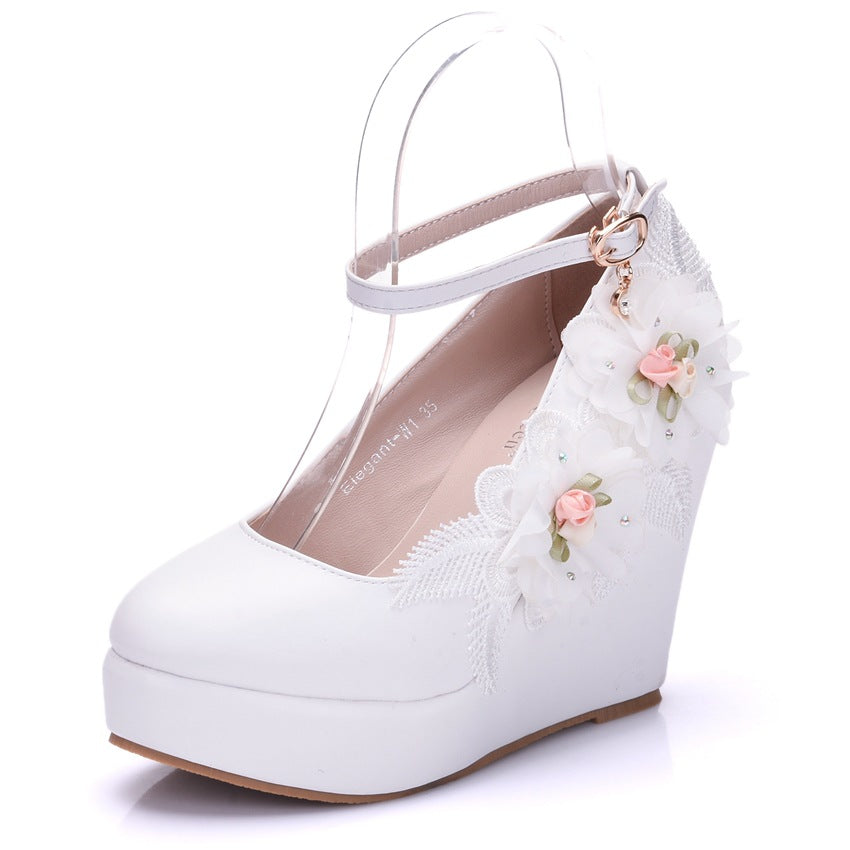 Women Round Toe Lace Flora Wedding Platform Wedge Heel Ankle Strap Pumps
