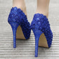 Women Almond Toe Lace Rhinestone Platform Pumps Stiletto Heel Bridal Wedding Shoes
