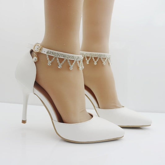 Women Pointed Toe Rhinestone Ankle Strap Bridal Wedding Shoes Stiletto Heel Sandals