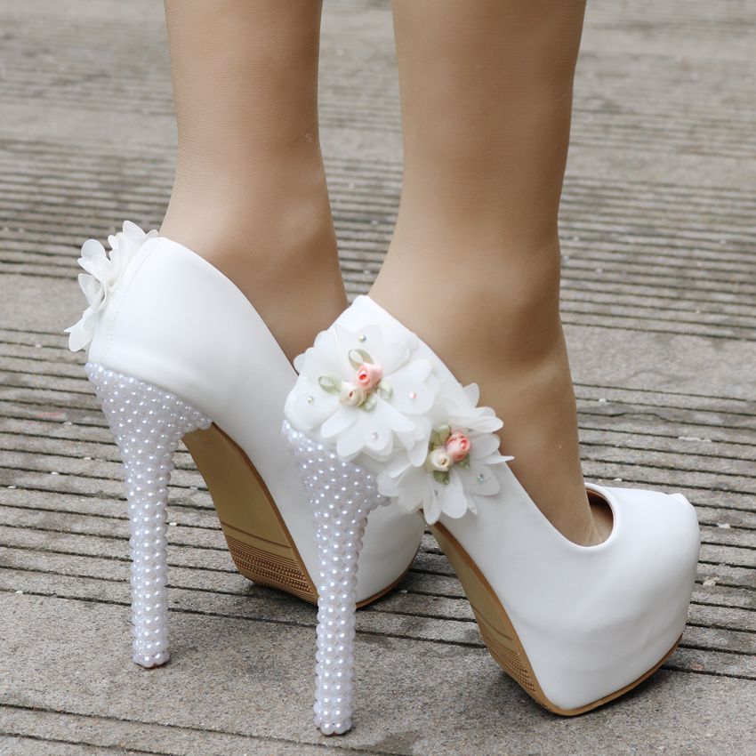 Women Pearls Almond Toe Flora Bridal Stiletto Heel Platform Pumps Wedding Shoes