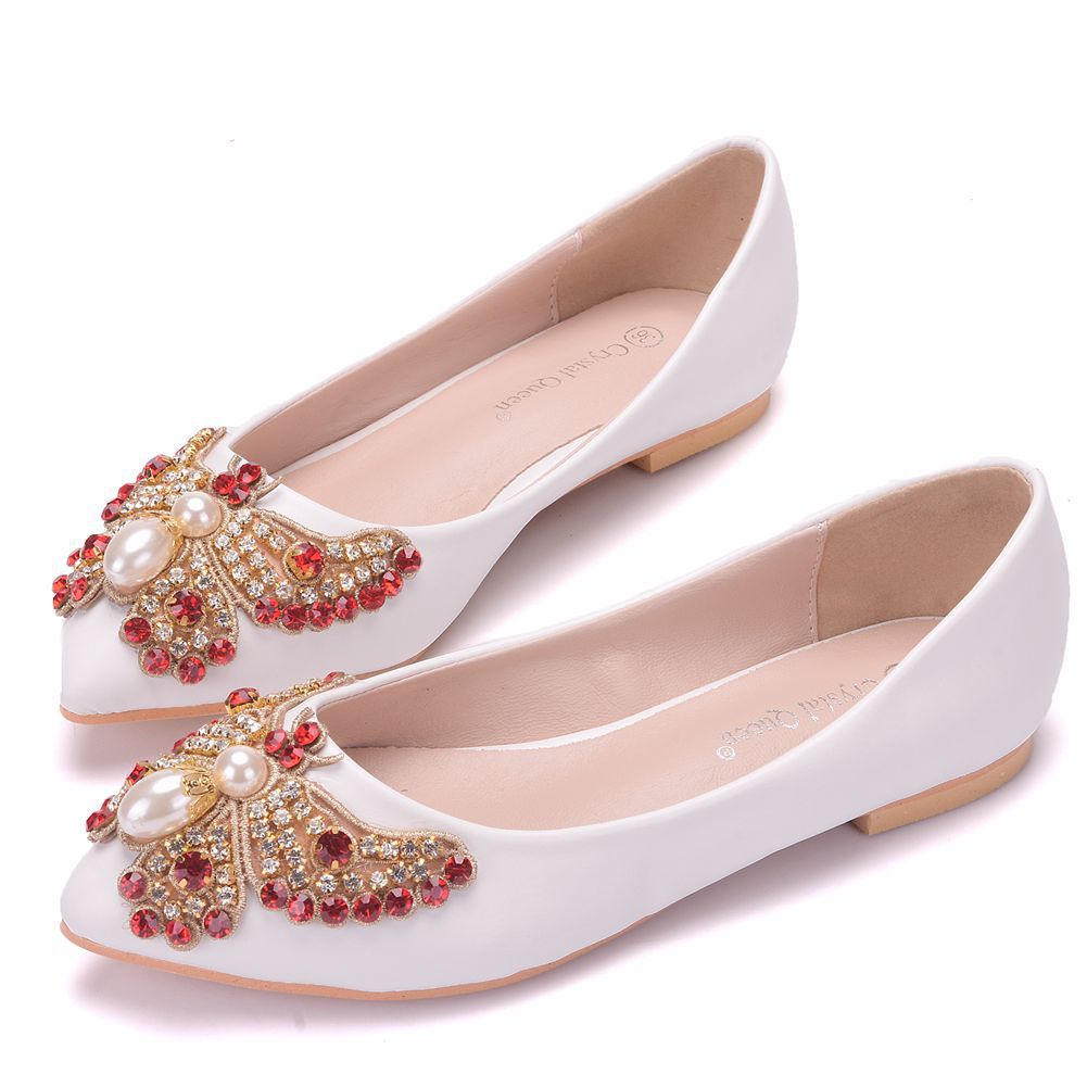 Women Pointed Toe Shallow Rhinestone Bow Tie Bridal Flats Wedding Shoes