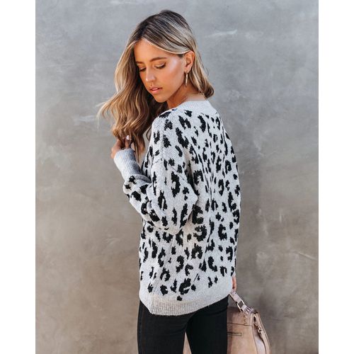 V-neck Strapless Leopard-print Pullover Sweater for Woman