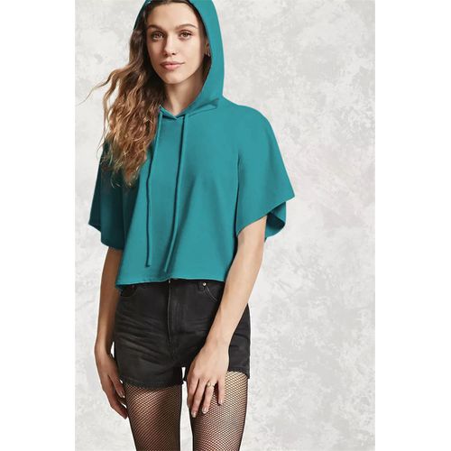 Drawstring Hooded Short Sleeve Sweater  Solid Color Short Sleeve Jacket Women T Shirts