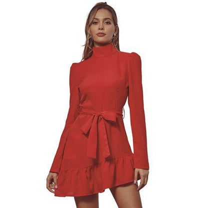 Xmas Red High Waist Stand-up Collar Long Sleeves Formal Women's Dresses