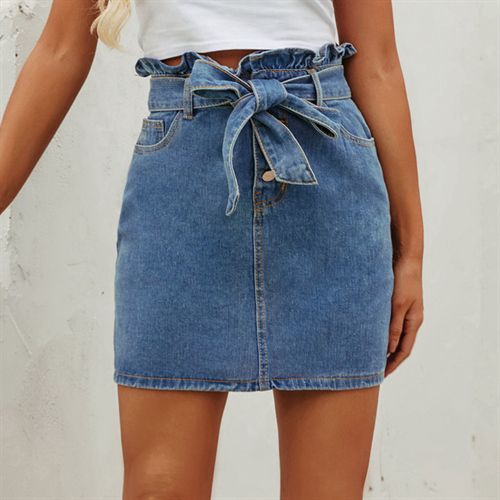 Retro Flounce High Waist Denim Short Washable Cross-tied All-matched Daily Women Skirts