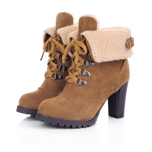 Purfle Buckle Lace Up Ankle Boots High Heels Shoes 9627