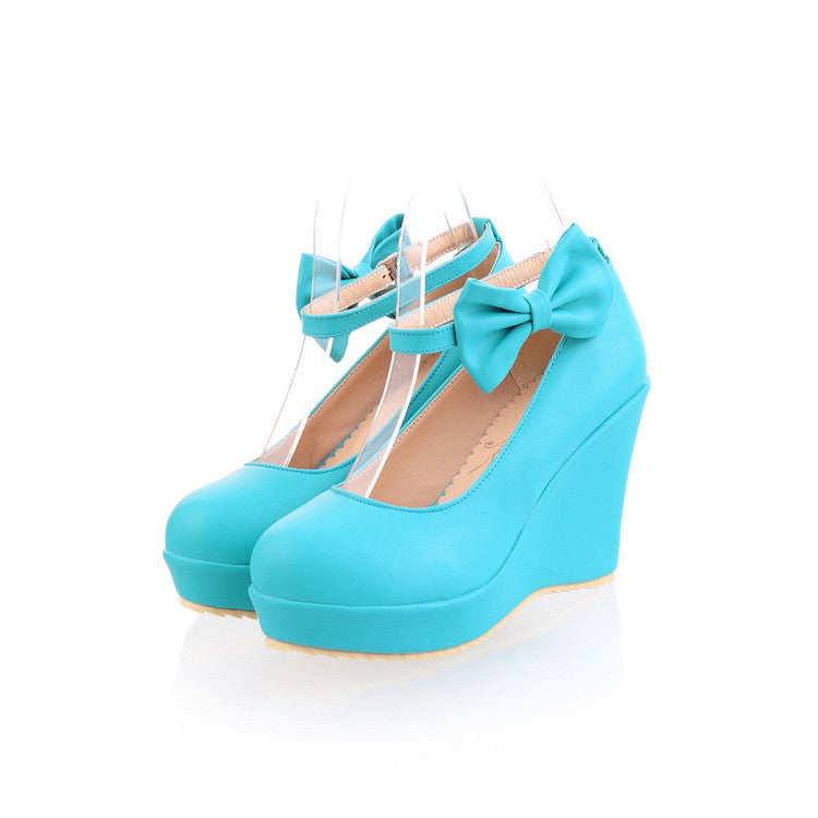 Women's Sweet Bow High-heeled Shallow Mouth Platform Wedges Shoes
