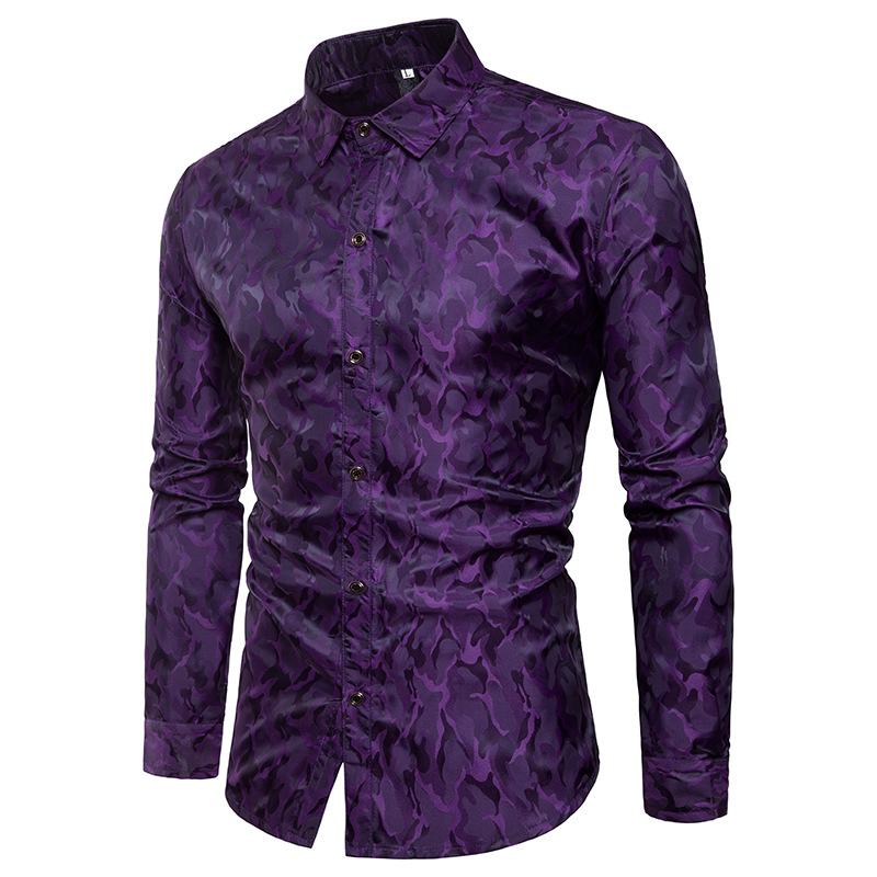 Men's Shinny Night Club Camouflage Design Silk Fashion Turndown Long Sleeves Shirts