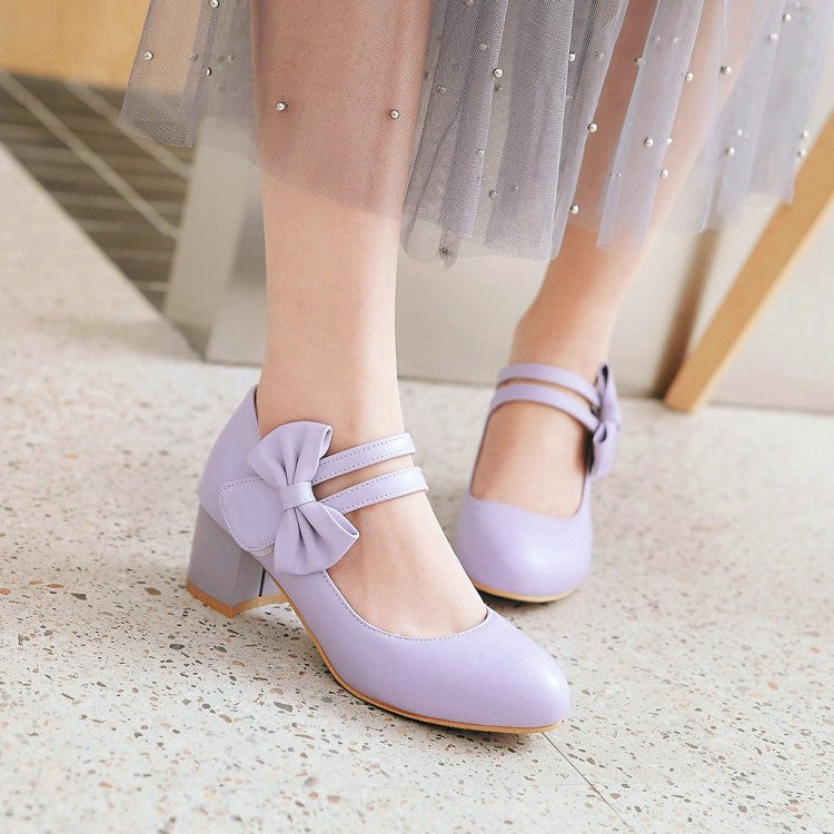 Sweet Butterfly Knot Thick Heel Mary Janes Women Chunky Pumps