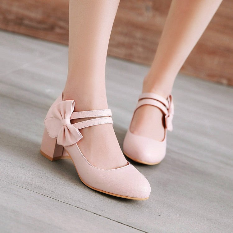 Sweet Butterfly Knot Thick Heel Mary Janes Women Chunky Pumps