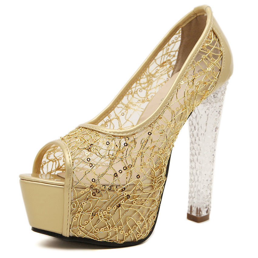 Women's Lace Fish Mouth High Heel Bridal Sandals Chunky Heel