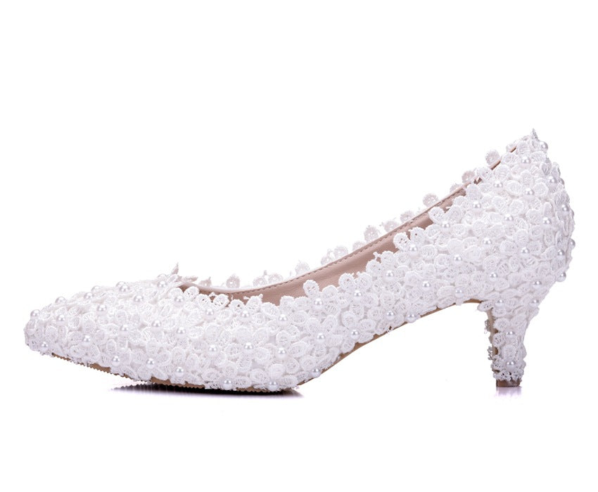 Women Pointed Toe Lace Pearls Bridal Wedding Shoes Pumps Stiletto Heel