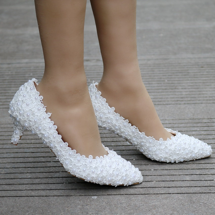 Women Pointed Toe Lace Pearls Bridal Wedding Shoes Pumps Stiletto Heel