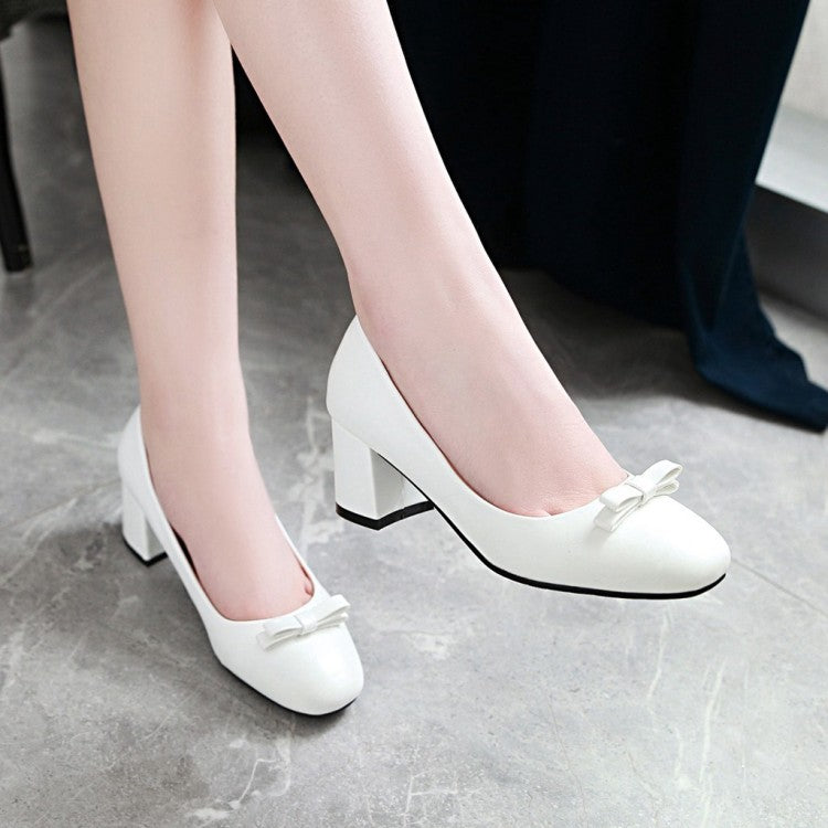 Sweet Bow Knot Thick Heel Shallow Mouth Square Head Middle Heels Women Pumps