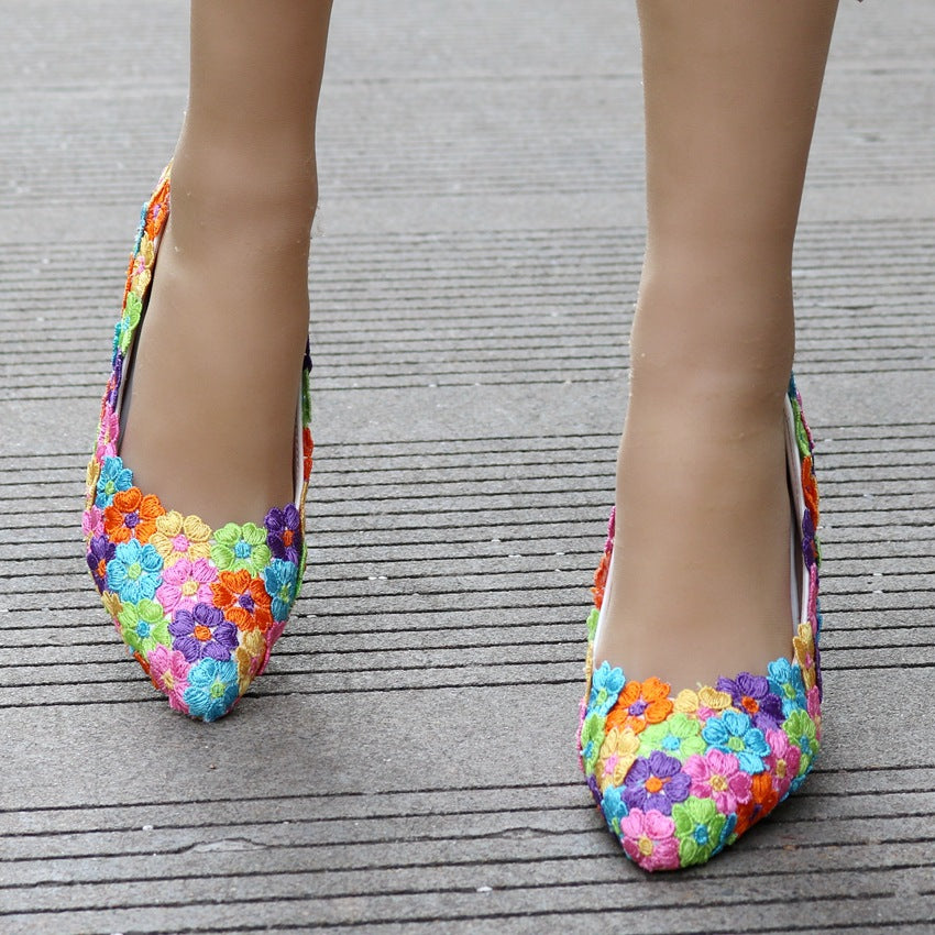 Women Pointed Toe Lace Flora Bridal Wedding Shoes Pumps Stiletto Heel