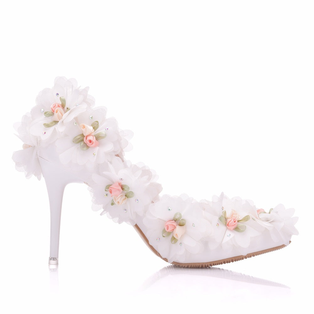 Women Ribbons Flora Rhinestone Stiletto Heel Pumps Wedding Shoes