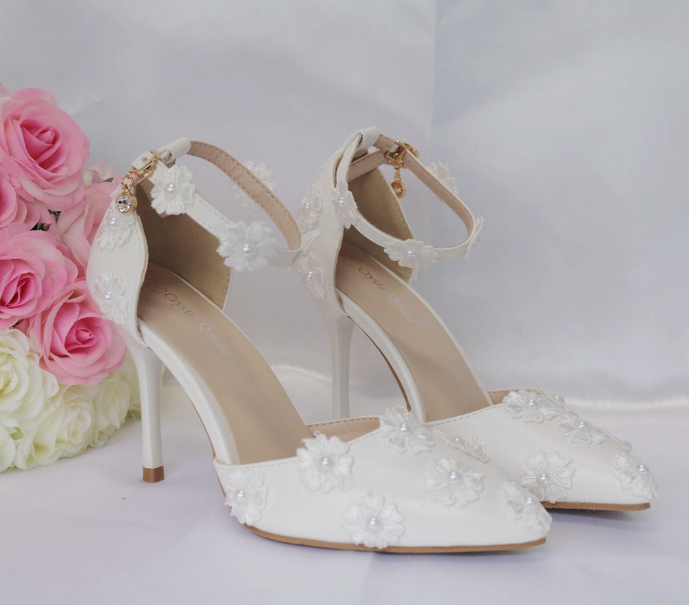 Women Ankle Strap Buckles Pointed Toe Lace Flora Bridal Wedding Shoes Stiletto Heel Sandals
