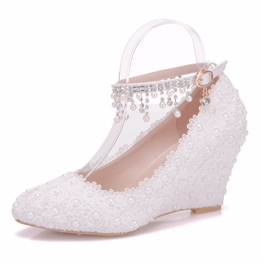 Pearls Lace Tassel Ankle Strap 8cm Wedge Heel Women Pumps Wedding Shoes