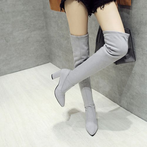 Women Pointed Toe Velvet High Heel Thigh High Boots