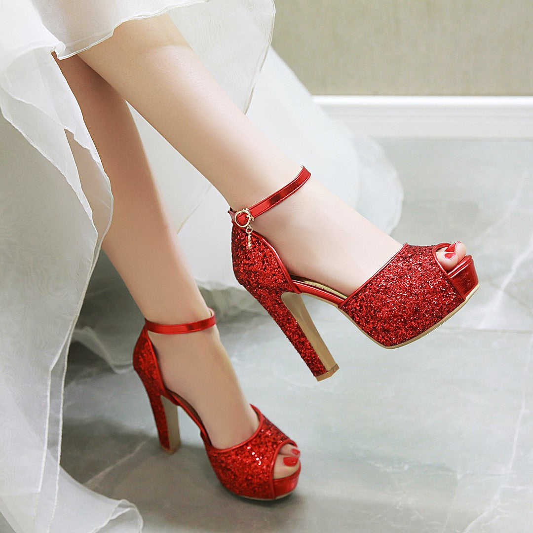 Women's Fish Mouth Thick Heel Super High Heel Sequin Sandals Wedding Shoes