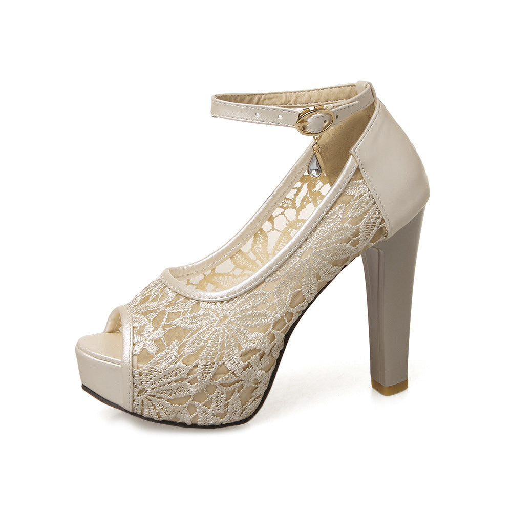 Peep Toe Lace Platform Pumps High Heels Sandals Summer Wedding Shoes 9431