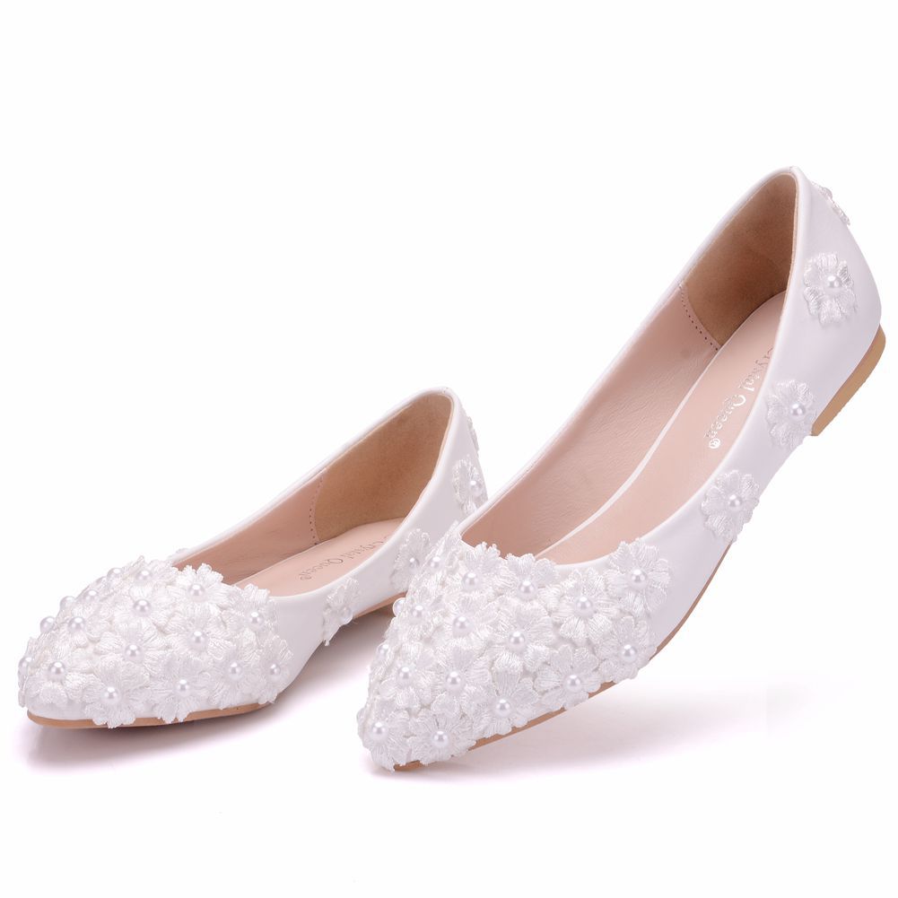 Women Pointed Toe Shallow Pearls Lace Flora Bridal Wedding Shoes Flats