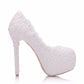 Women Round Toe Lace Pearls Stiletto Heel Platform Pumps Bridal Wedding Shoes