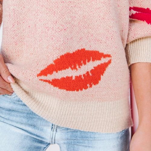 Women KISS Lips V-neck Pullover Sweater