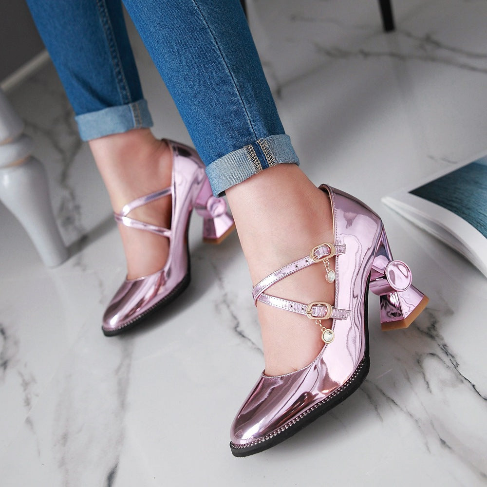 Patent Leather Square Head Buckle Belt Chunky Heel Pumps