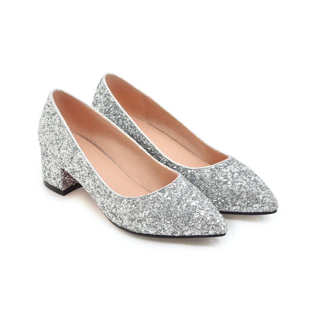 Pointed Toe Sequins Women's Pumps Middle Heels Shoes