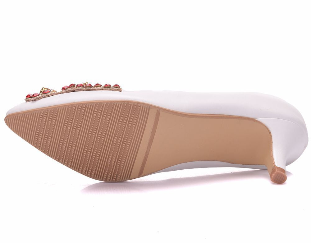 Women Pointed Toe Rhinestone Pearls Butterfly Bridal Wedding Shoes Pumps Stiletto Heel