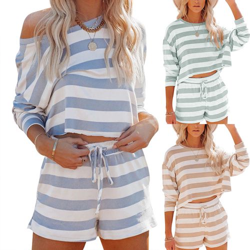 Women Long-sleeved Striped Sweater Shirt Shorts Sports Two-piece Suit