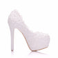 Women Pearls Lace Almond Toe Stiletto Heel Platform Pumps Bridal Wedding Shoes