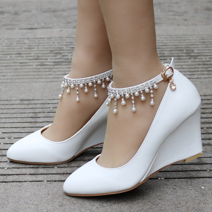 Shallow Pearls Rhinestone Tassel 7cm Wedge Heel Women Pumps Wedding Shoes