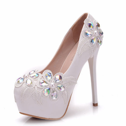 Women Round Toe Lace Rhinestone Bridal Stiletto Heel Platform Pumps Wedding Shoes