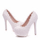 Women Round Toe Lace Pearls Stiletto Heel Platform Pumps Bridal Wedding Shoes