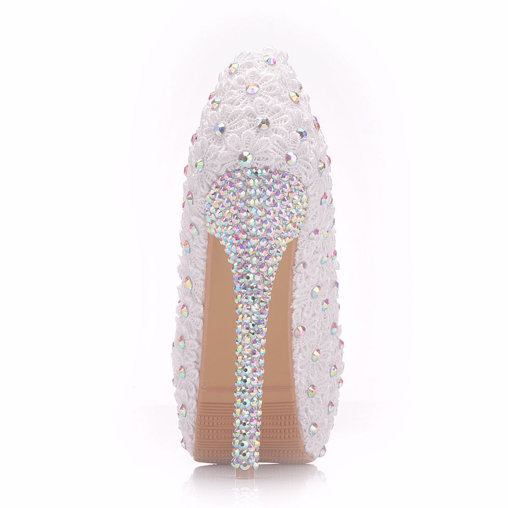 Women Pearls Almond Toe Lace Rhinestone Stiletto Heel Platform Pumps Bridal Wedding Shoes
