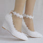 Pointed Toe Pearls Lace Shallow Ankle Strap Wedge Heel Women Pumps Wedding Shoes
