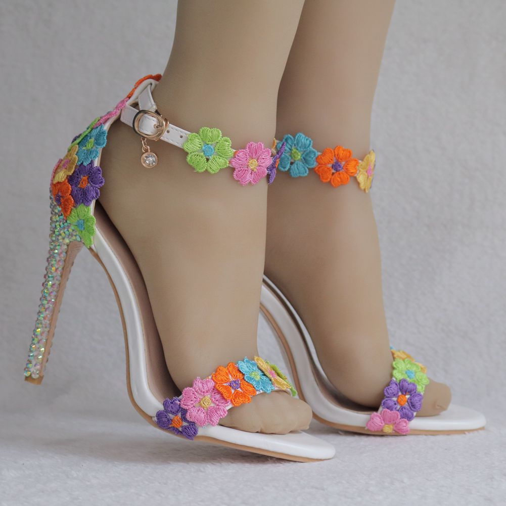 Women Rhinestone Lace Bridal Wedding Stiletto Heel Sandals