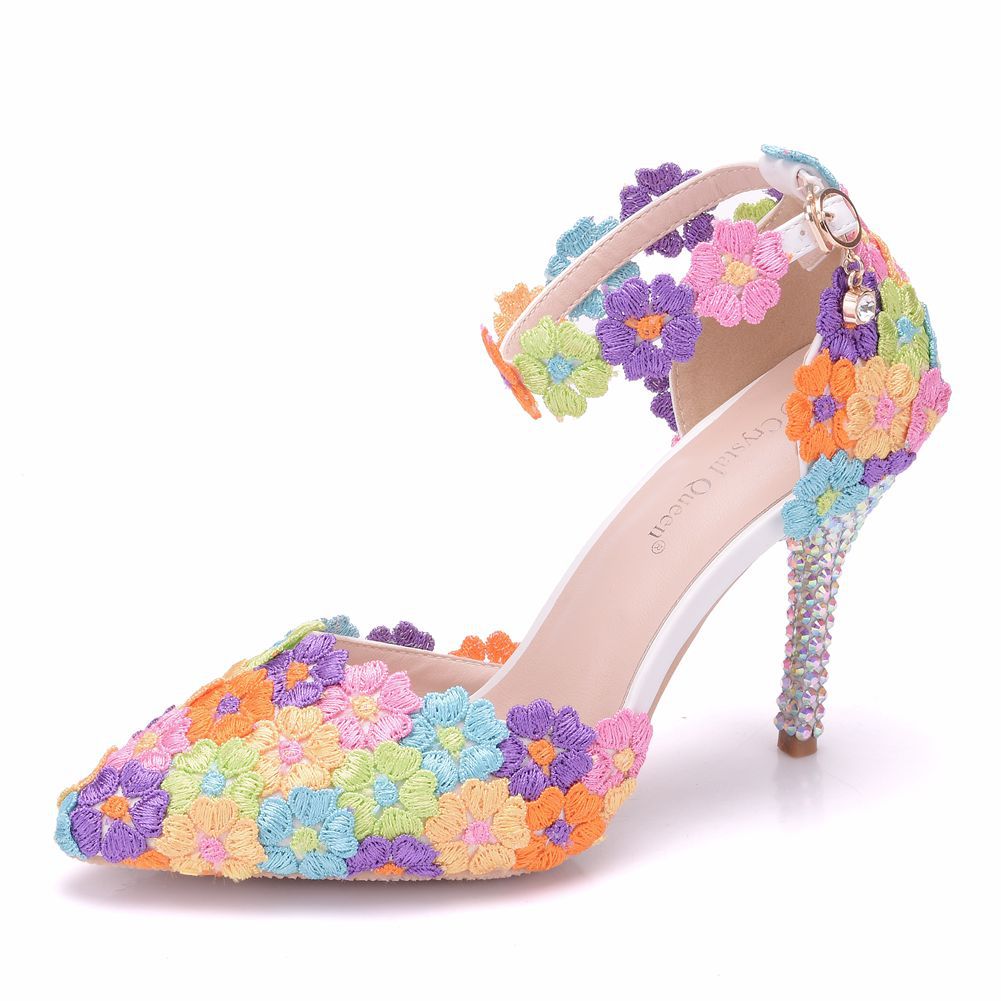 Women Ankle Strap Pointed Toe Colorful Lace Stiletto Heel Sandals