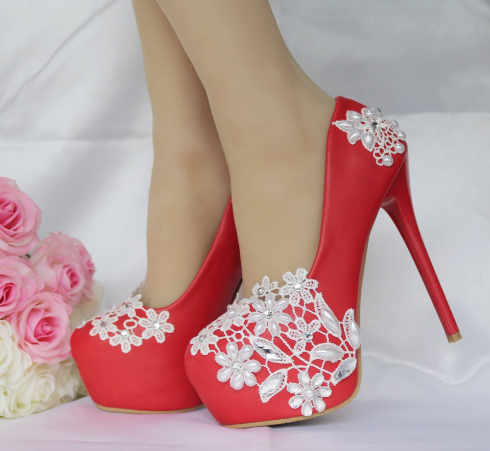 Women Round Toe Lace Rhinestone Pearls Stiletto Heel Platform Pumps Bridal Wedding Shoes