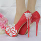Women Pearls Almond Toe Lace Rhinestone Stiletto Heel Platform Pumps Bridal Wedding Shoes
